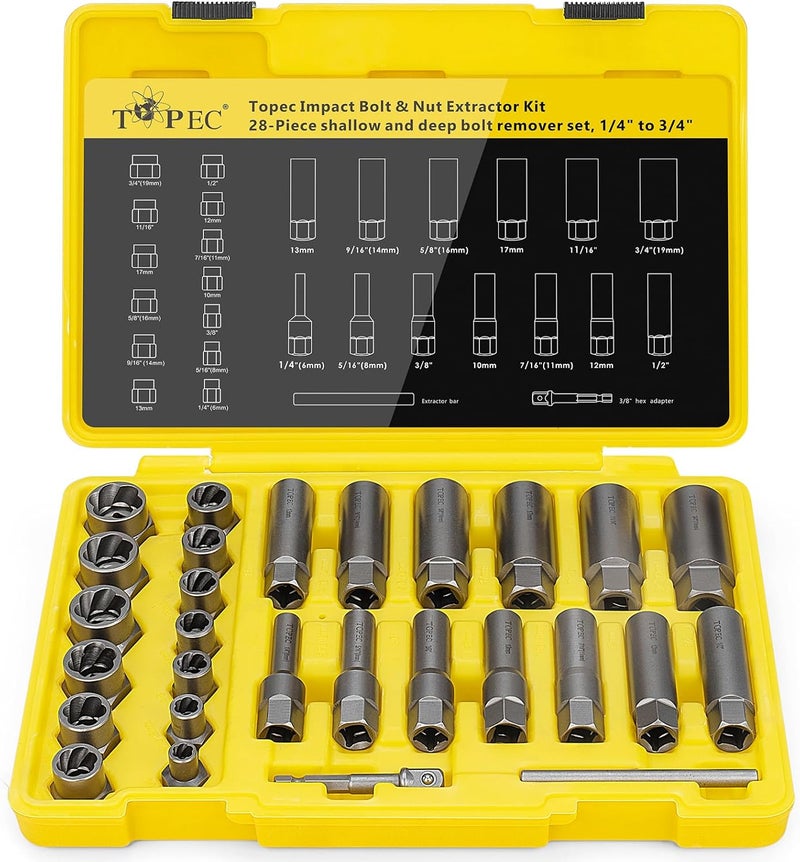 Topec Deep Bolt Extractor Set 28PCS, 3/8" Drive Bolt Extractor Kit, Spark Plug Extractor Socket Set, Lug Nut Removal Tool for Stripped, Broken, Rounded Bolts Lug Nut Stud Remove - Image 1